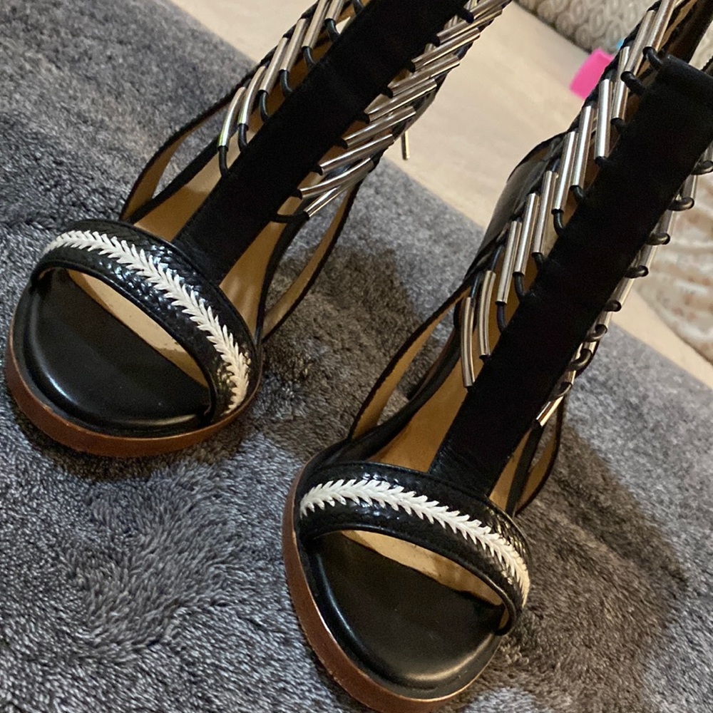L.A.M.B. Black and Silver Braided Strappy Stiletto Sandals